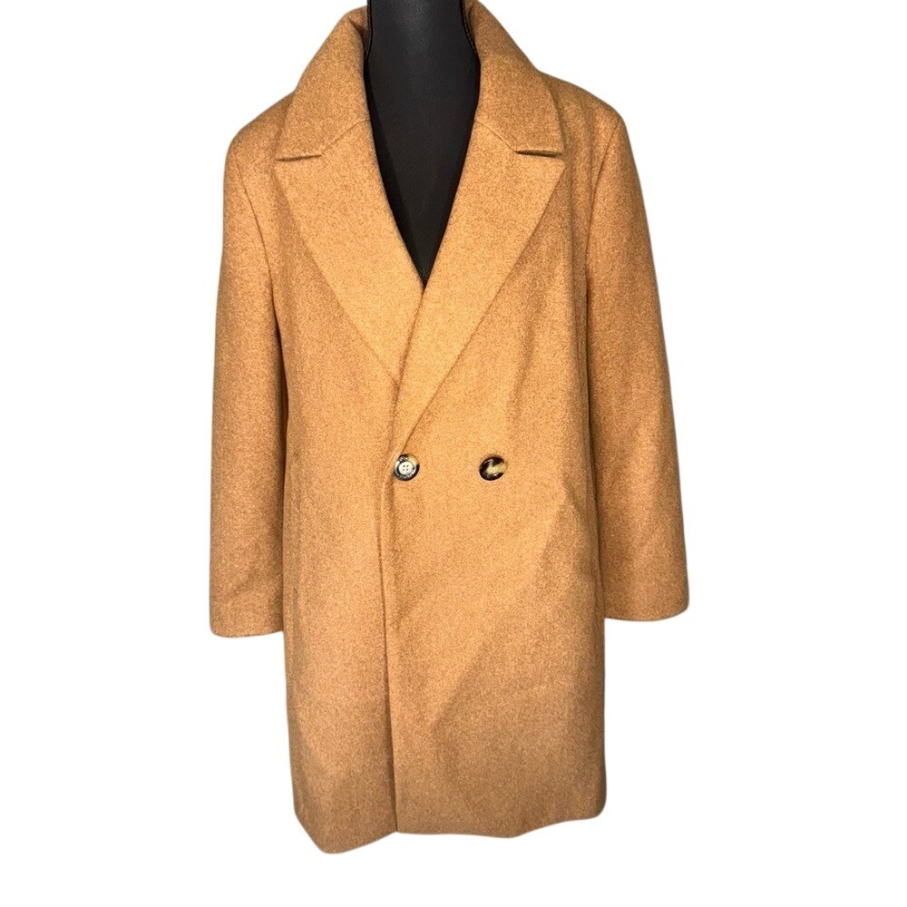 DKNY  Women's Tan Midi Overcoat,‎ Notched Lapel, Size Large, EC